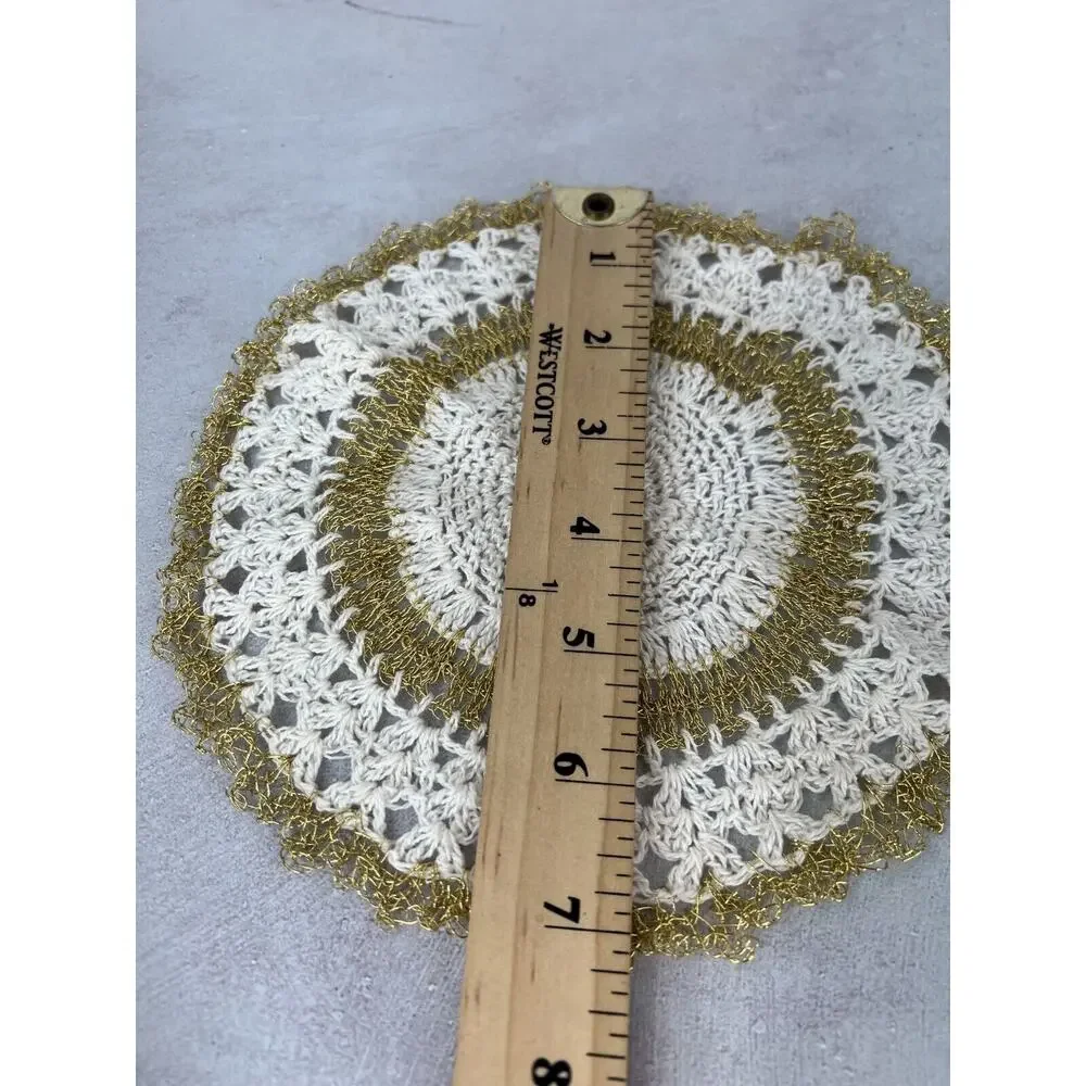 Vintage White & Gold Wire Handmade Round‎ Crochet Dining Table Doily - Lot of 2